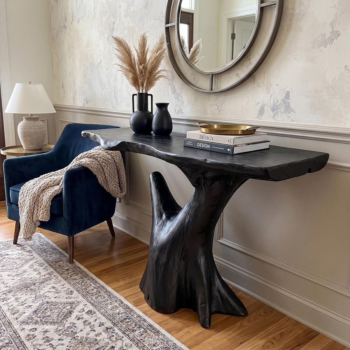 Rustic Sculptural Console Table, Natural Solid Wood Accent Sofa Table for Living Room & Foyer
