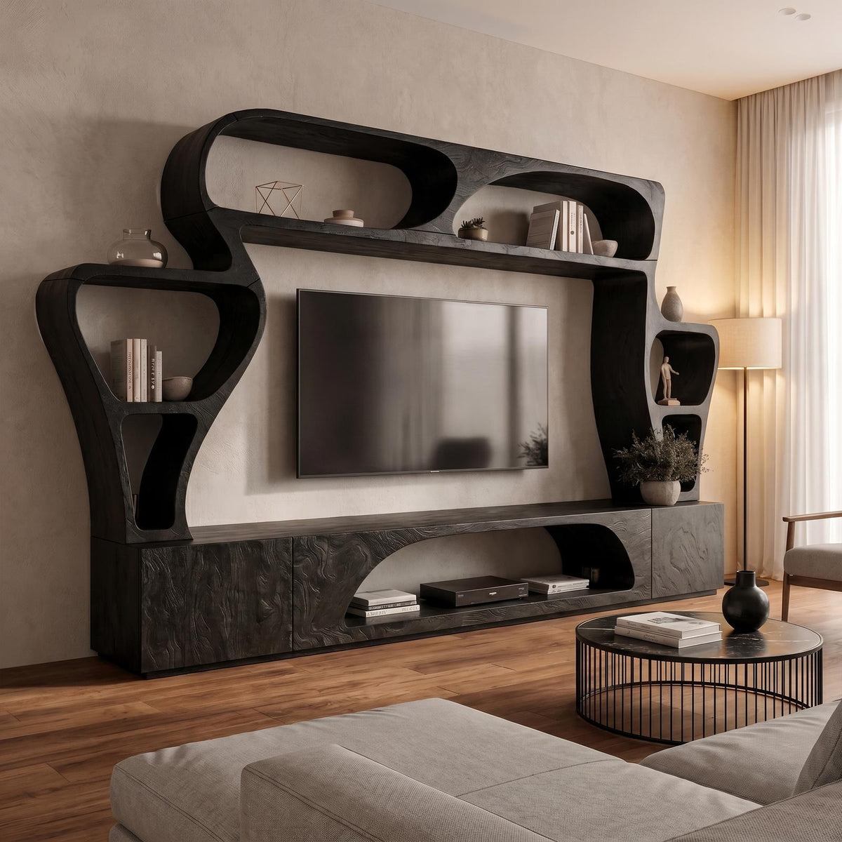 Solid Wood Statement TV Console, Handcrafted Living Room Entertainment Center with Sculptural Wall Shelves, Model