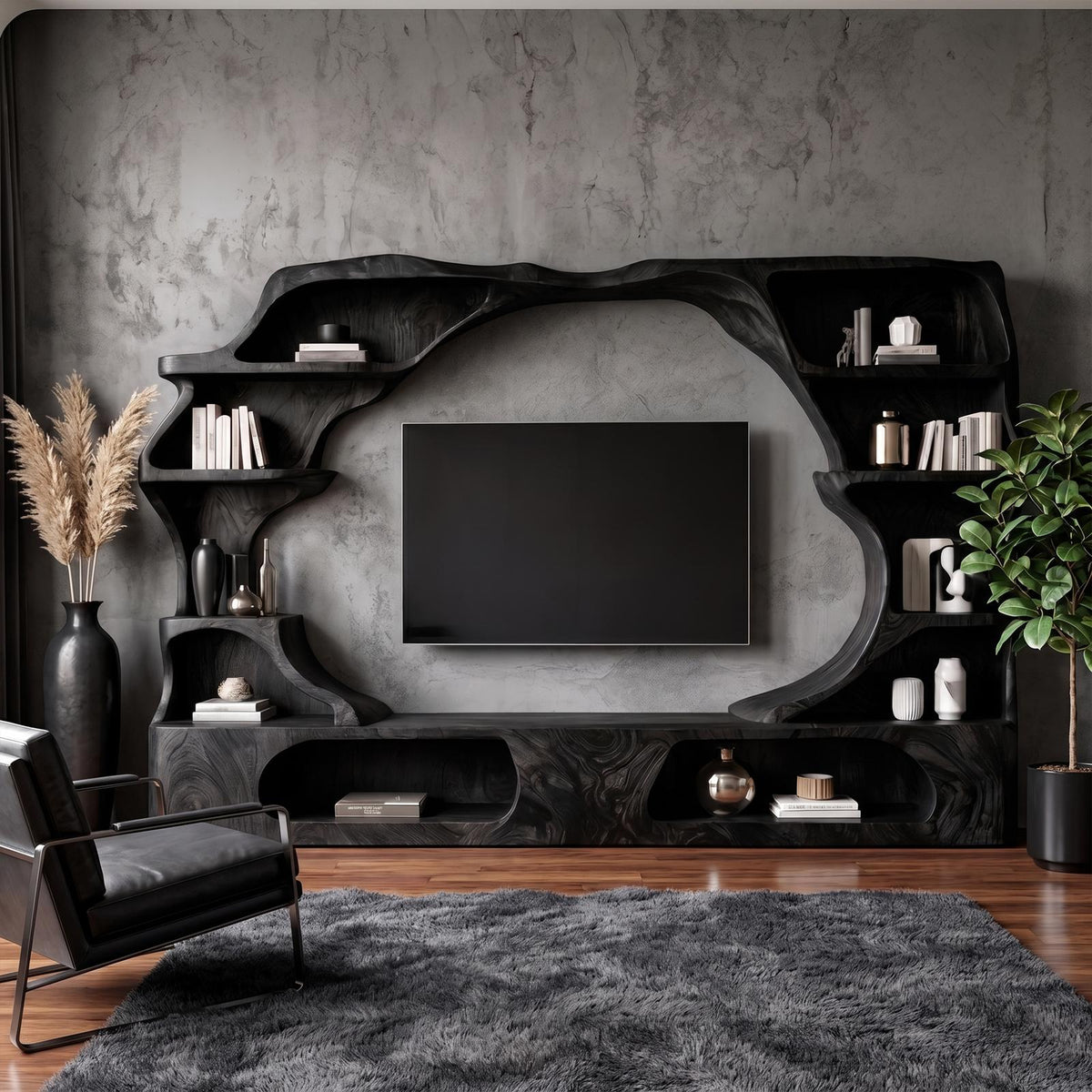 Nature-Inspired Wooden Entertainment Center, Handcrafted Living Room TV Console with Organic Display Shelves, Model