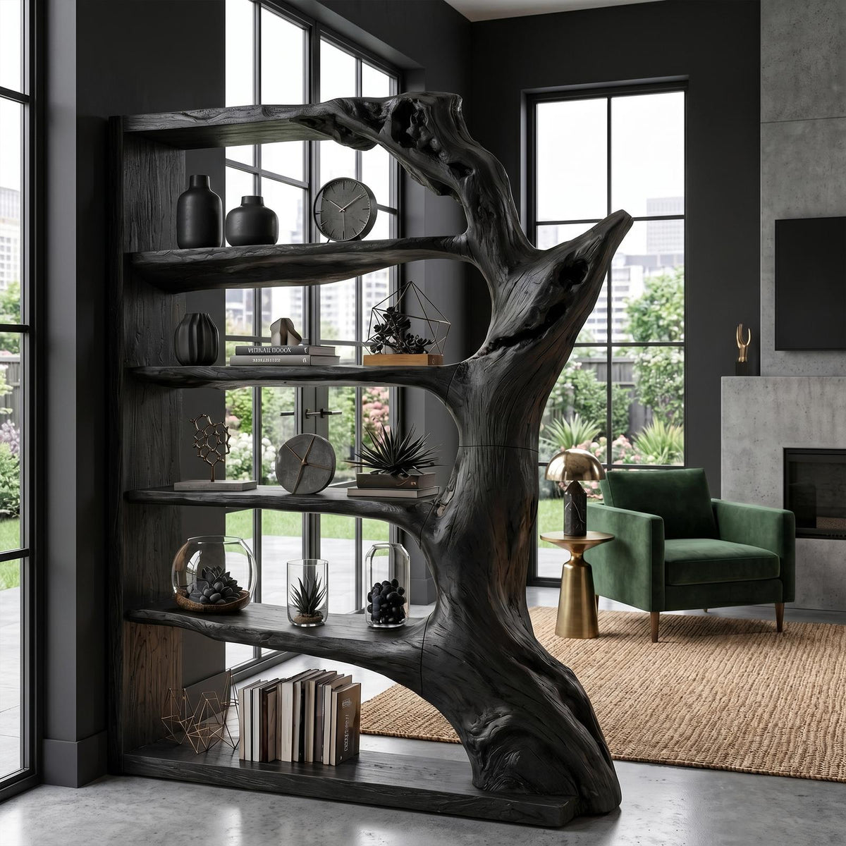 Contemporary Tree Bookshelf, Artistic Solid Wood Branch Book Display Rack Organizer, Modern Decorative Bookcase for Living Room, SINLKITB740