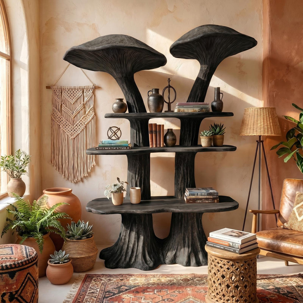 Rustic Mushroom Bookshelf with Handcrafted Solid Wood Shelving, Whimsical Bookcase Organizer for Living Room