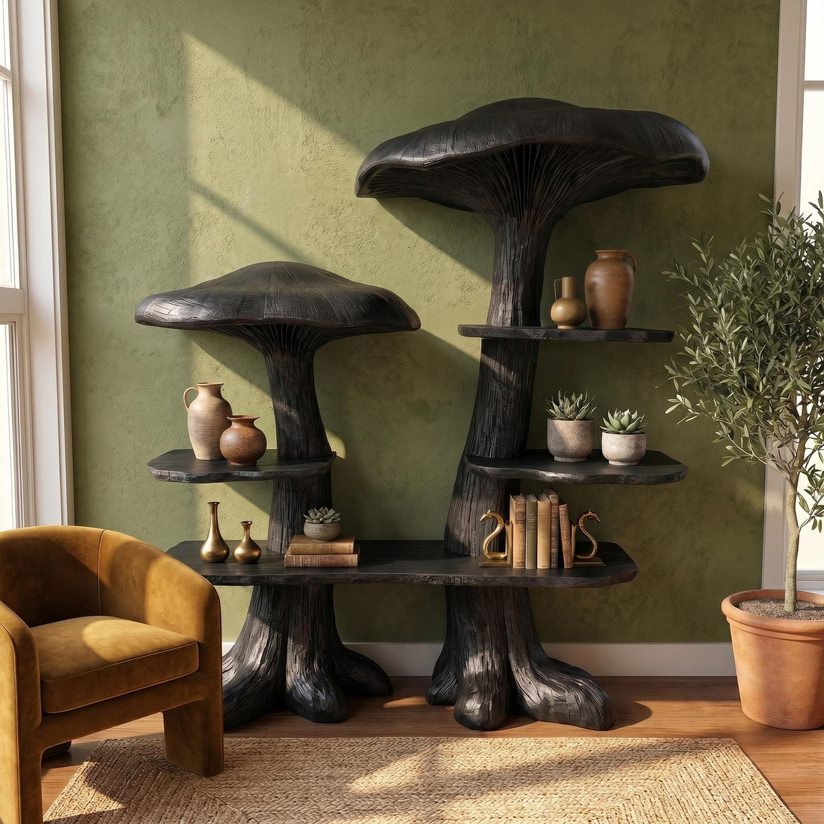 Nature-Inspired Mushroom Bookshelf, Solid Wood Open Display Shelving & Bookcase Storage Unit for Living Room