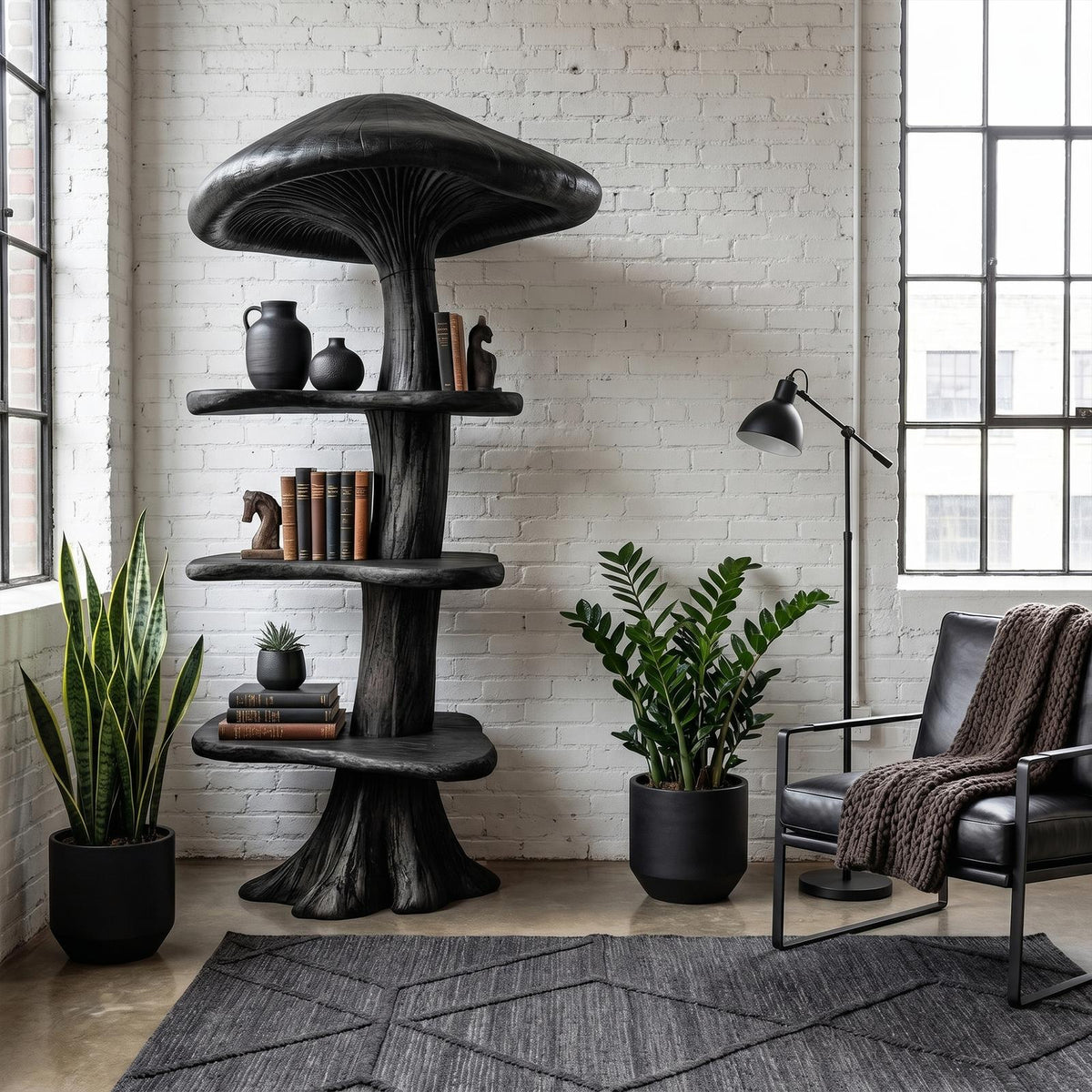 Organic Mushroom Bookshelf with Handcrafted Solid Wood Shelves, Whimsical Bookcase & Storage Unit for Living Room