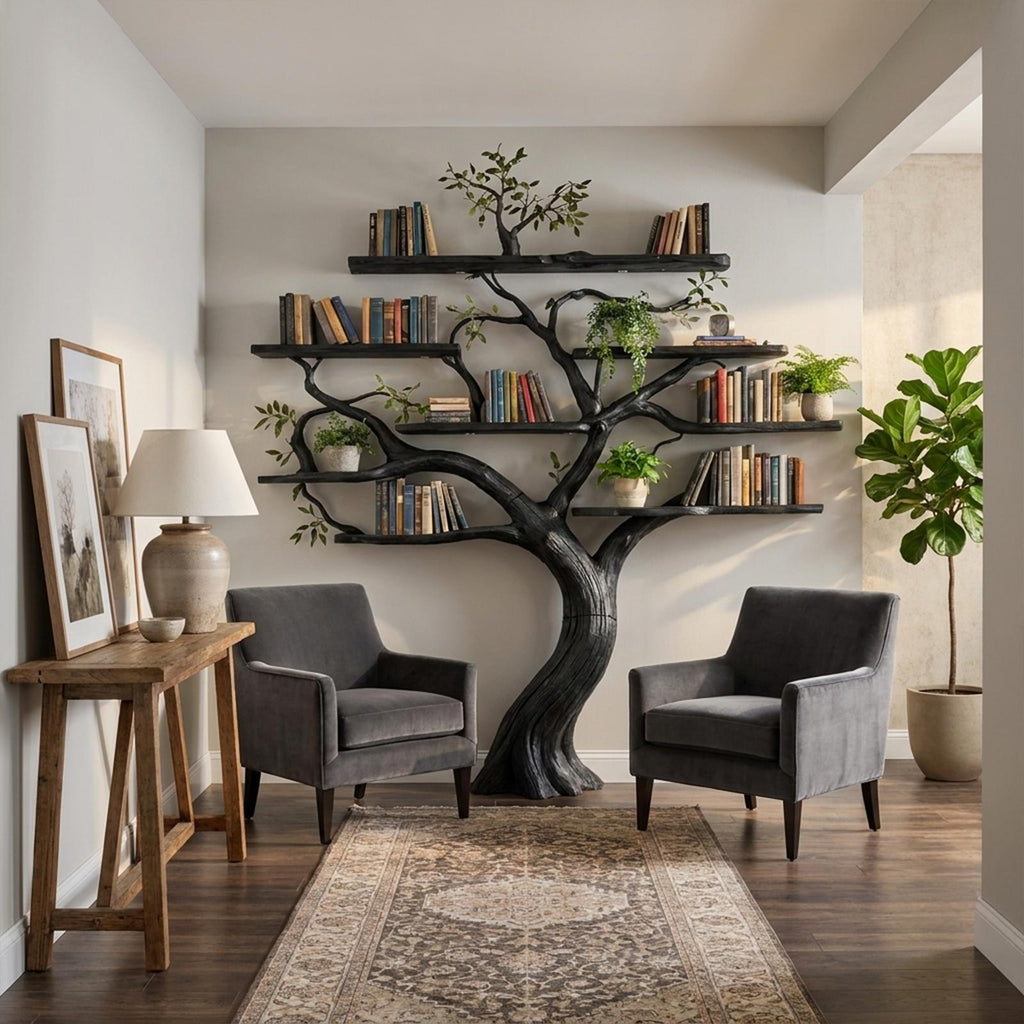 Organic Modern Large Tree Bookshelf, Freestanding Solid Wood Branch Bookcase & Storage Unit for Study & Library