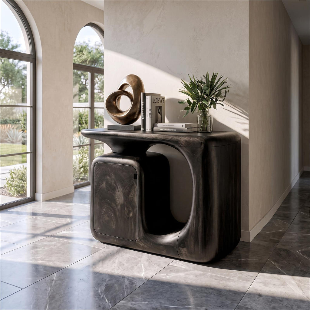 Modern Sculptural Console Table With Rounded Storage Cabinet For Entryway