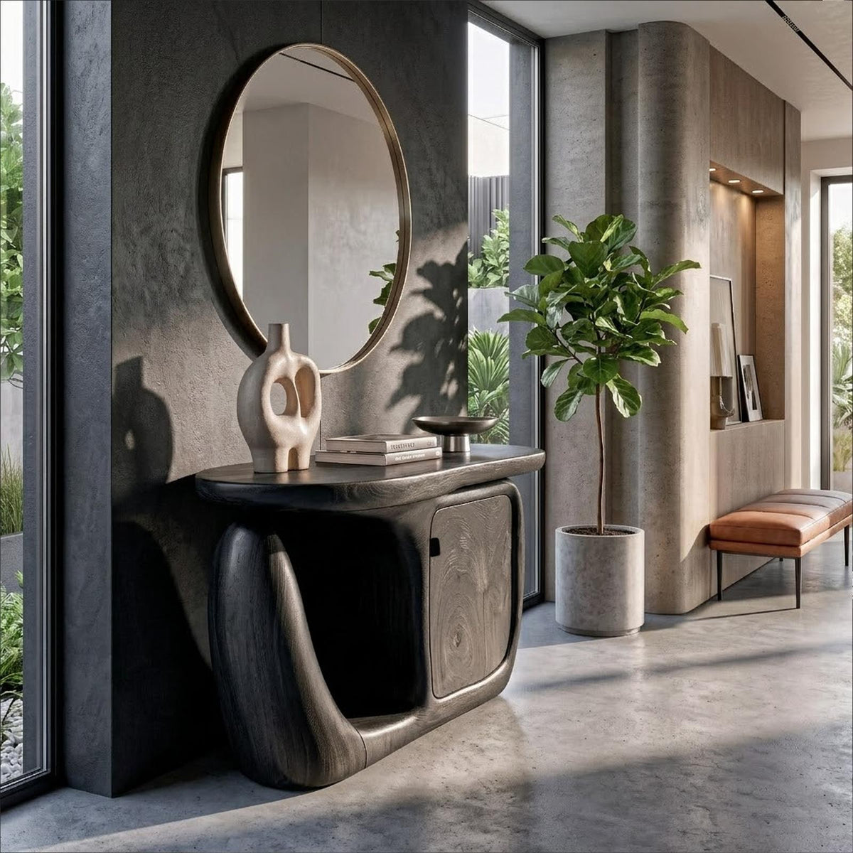 Contemporary Console Table With Sculptural Base And Storage For Entryway