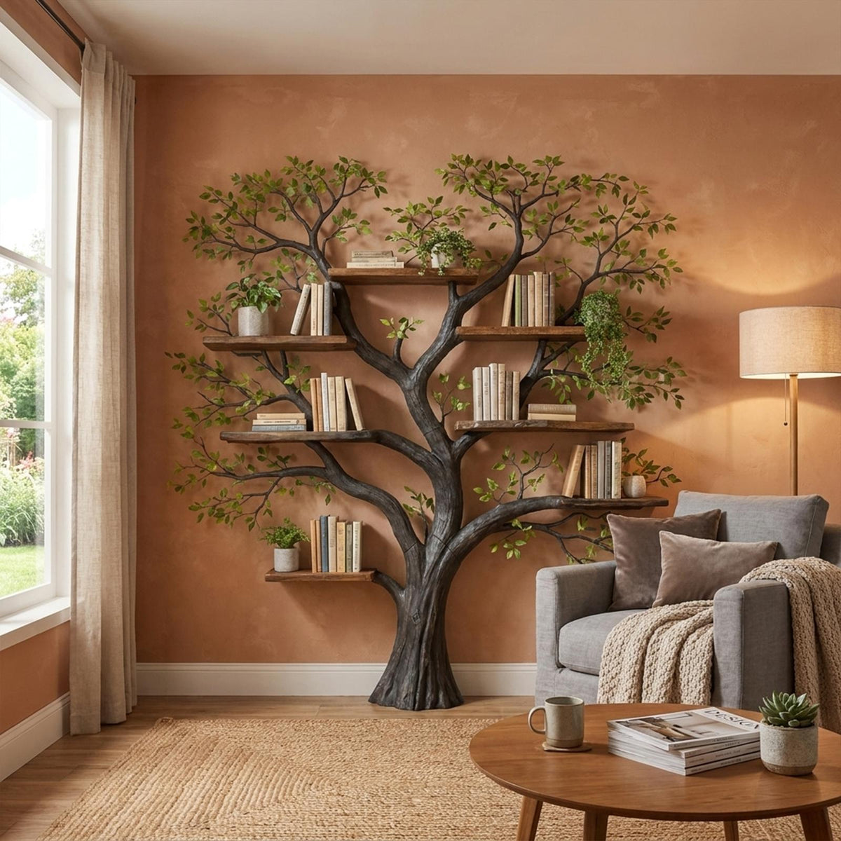 Handcrafted Wood Tree Storage Bookcase, Wall Mounted Floating Branch Display Shelf Statement Piece for Living Room