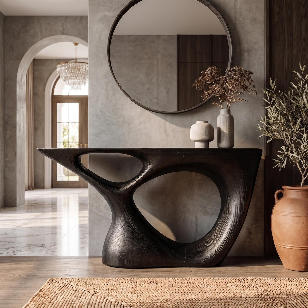 Sculptural Console Table With Curved Base For Entryway