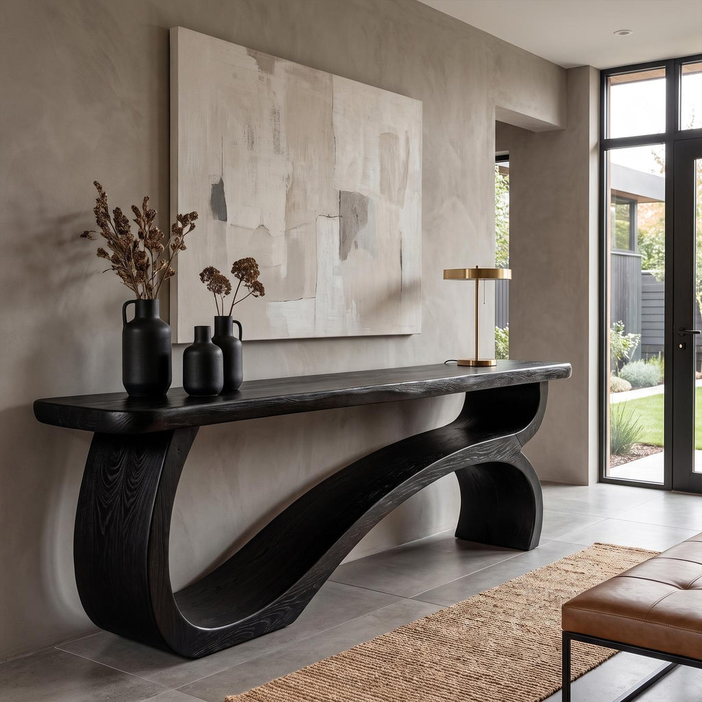 Modern Console Table Table With Sculptural Open Wood Base For Living Room