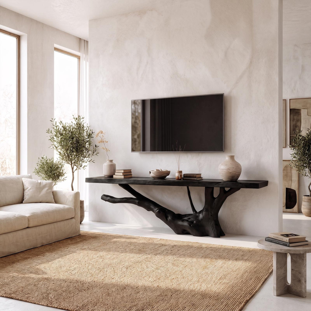 Nature Inspired TV Stand With Handcrafted Tree Root Design For Living Room
