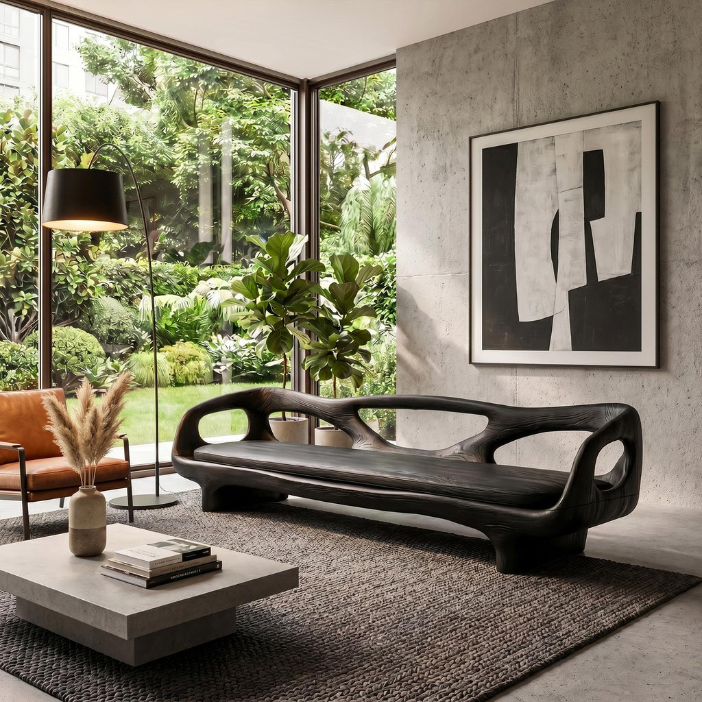 Organic Sculptural Sofa Frame, Curved Open Arm Solid Wood Couch Frame for Living Room