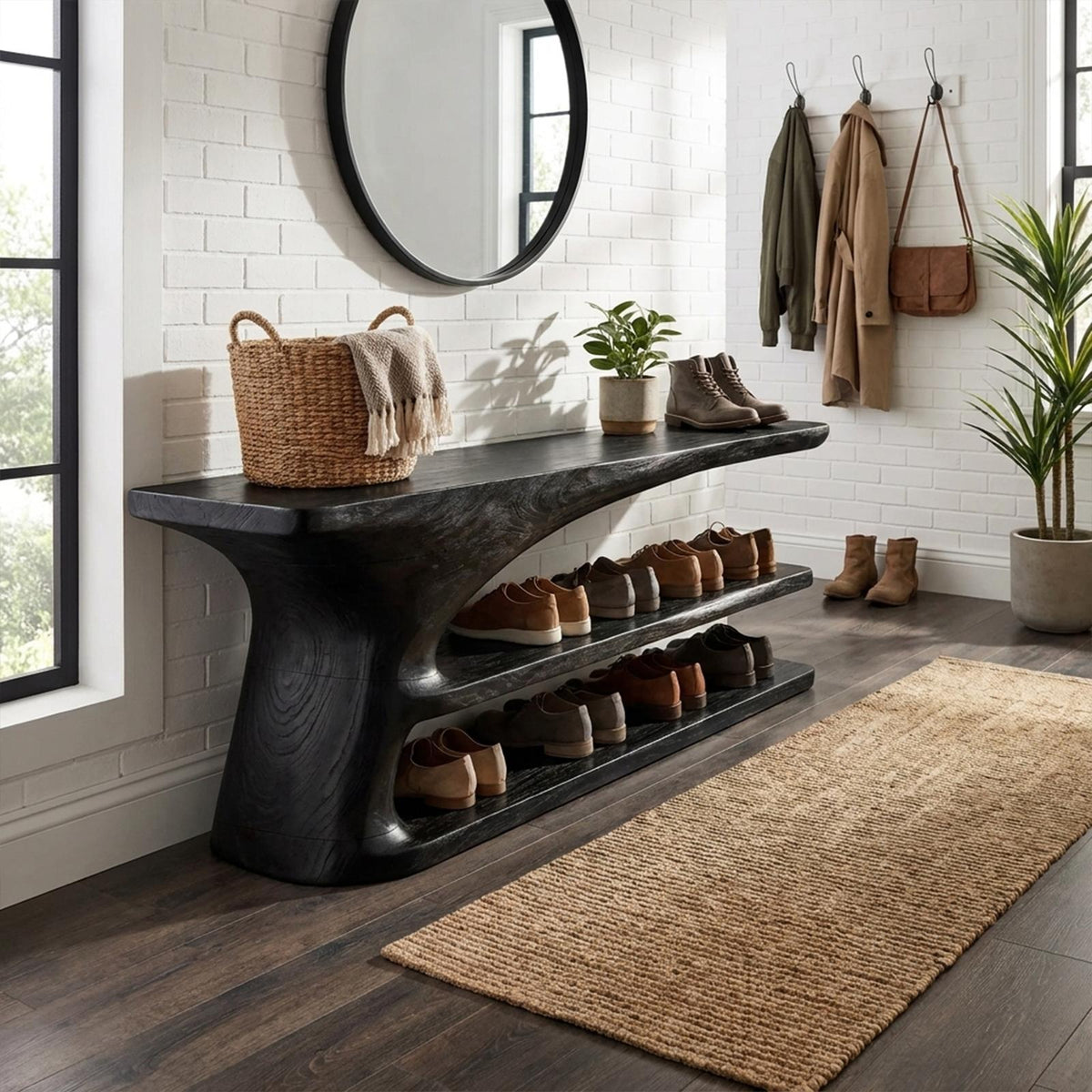 Mid Century Natural Wood Shoe Storage Bench Hallway
