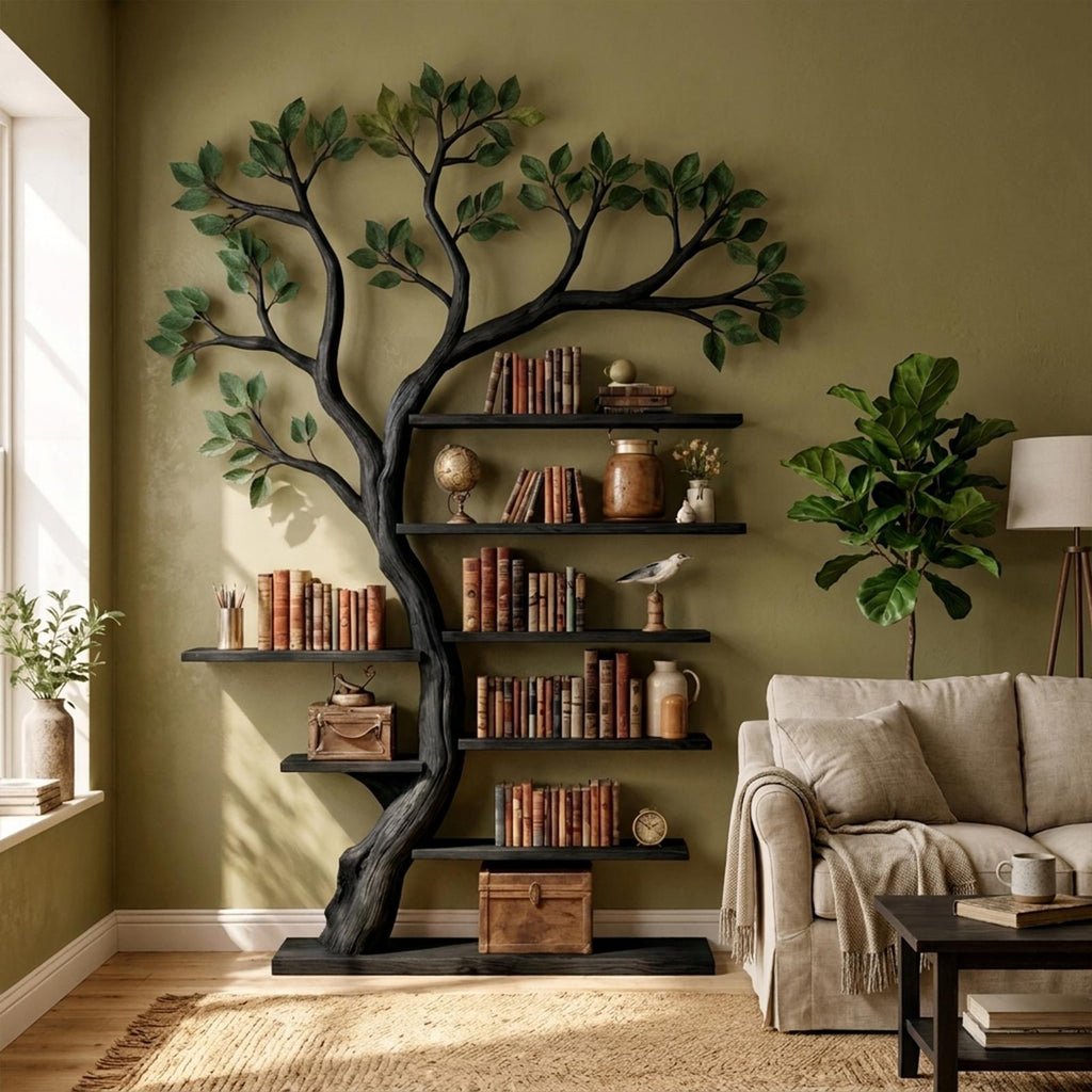 Rustic Tree Bookshelf Living Room Office Artistic Wall Display