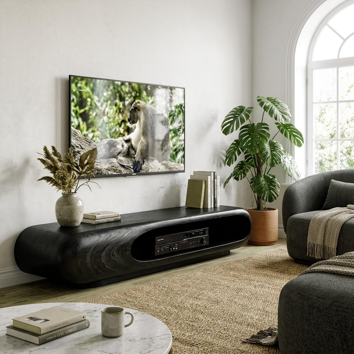 Sculptural Wood TV Stand Entertainment Unit Living Room