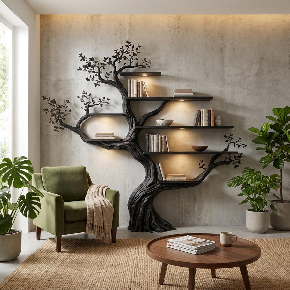 Modern Organic Tree Bookshelf, Flowing Sculptural Solid Wood Wall Mounted Floating Branch Bookcase for Living Room