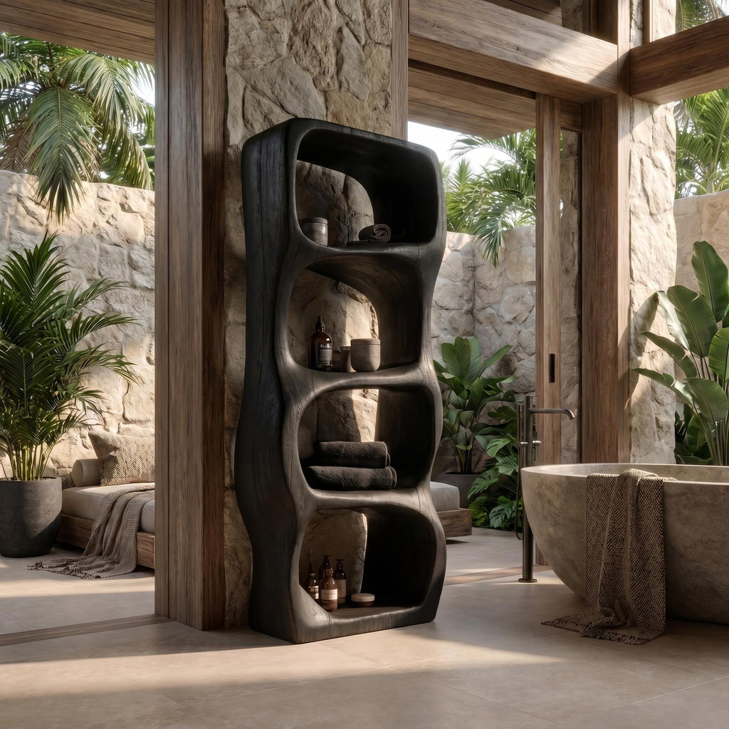Modern Organic Bathroom Cabinet, Rounded Sculptural Shelves & Open Storage Standing Wood Cabinet