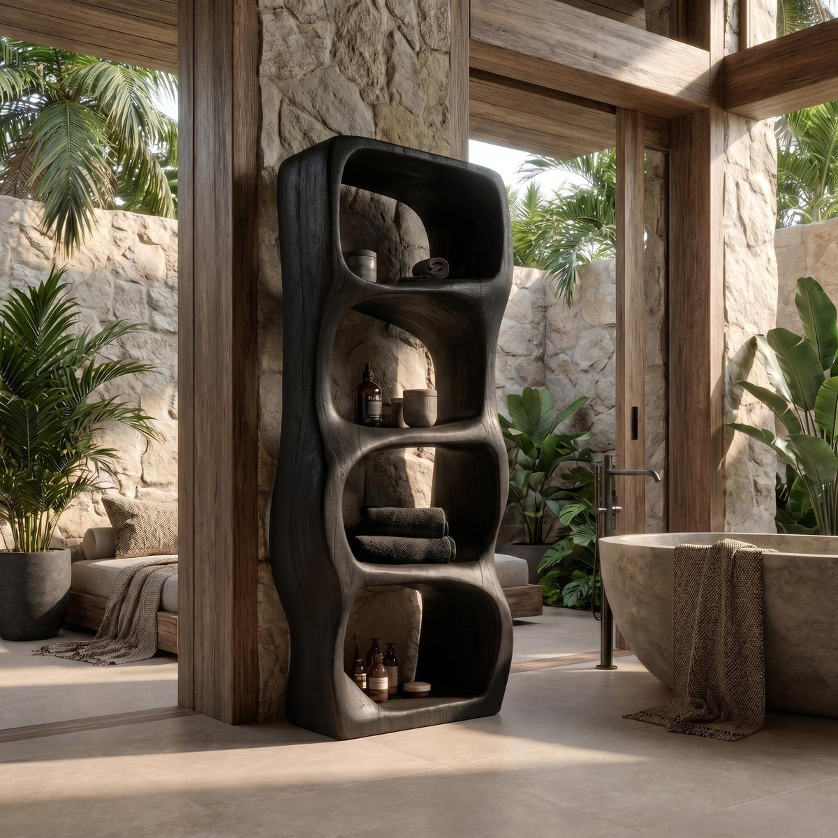 Modern Organic Bathroom Cabinet, Rounded Sculptural Shelves & Open Storage Standing Wood Cabinet