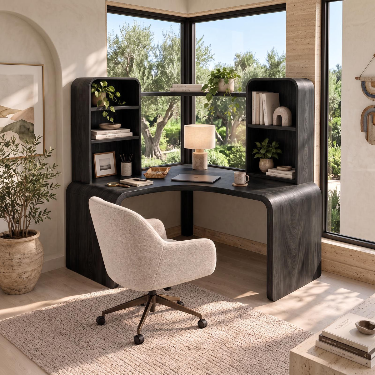 Contemporary Computer Desk With Corner Bookcase For Workspace