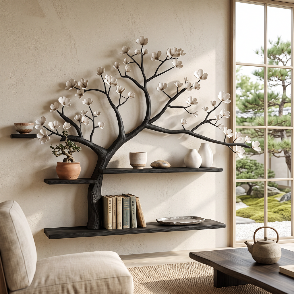 Rustic Tree Shelf Wall Living Room