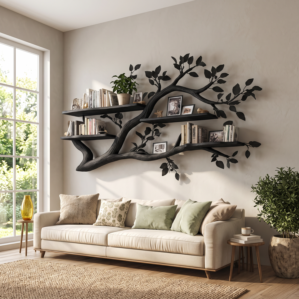 Rustic Wall Mounted Branch Bookshelf, Solid Wood Hanging Floating Bookcase & Decorative Display for Living Room Storage