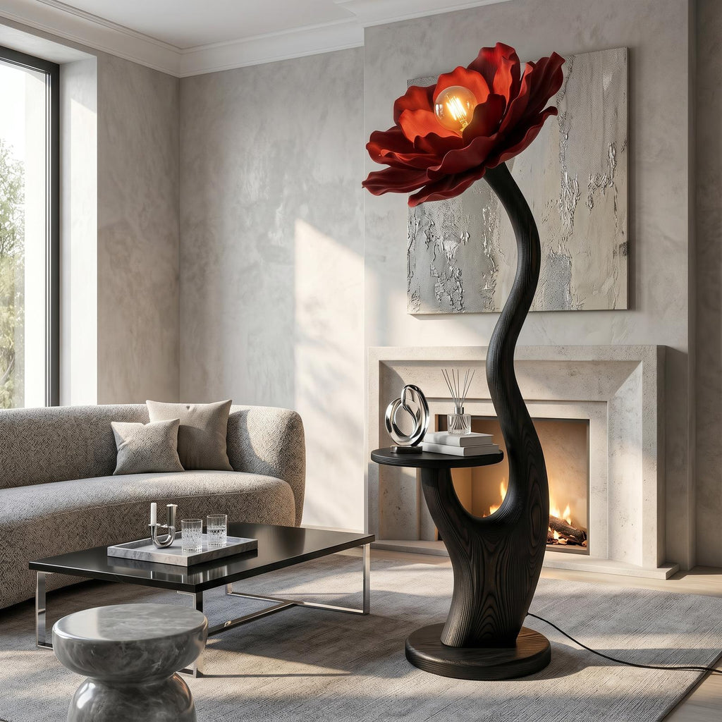 Organic Floor Lamp With Built In Bedside Table And Flower Shade For Living Room