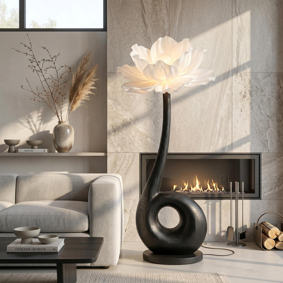 Modern Floor Lamp With Sculptural Loop Base And Floral Shade For Living Room