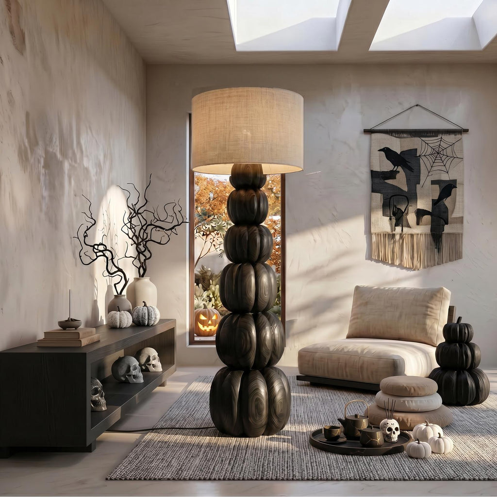 Rustic Floor Lamp With Stacked Pumpkin Wood Base For Living Room