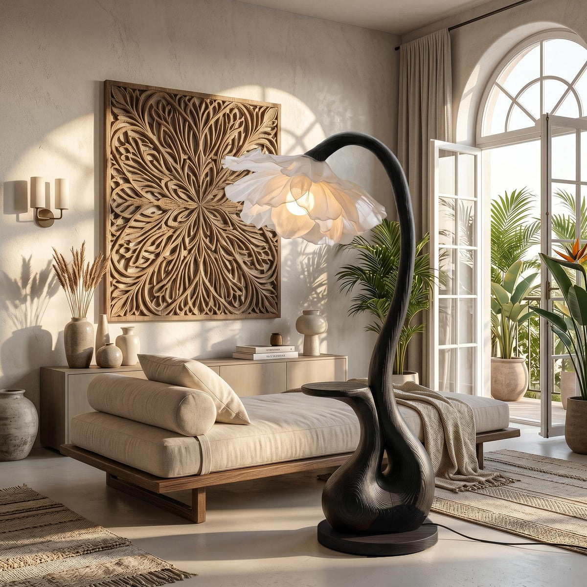 Modern Floor Lamp With Sculptural Curved Base And Display Shelf For Living Room