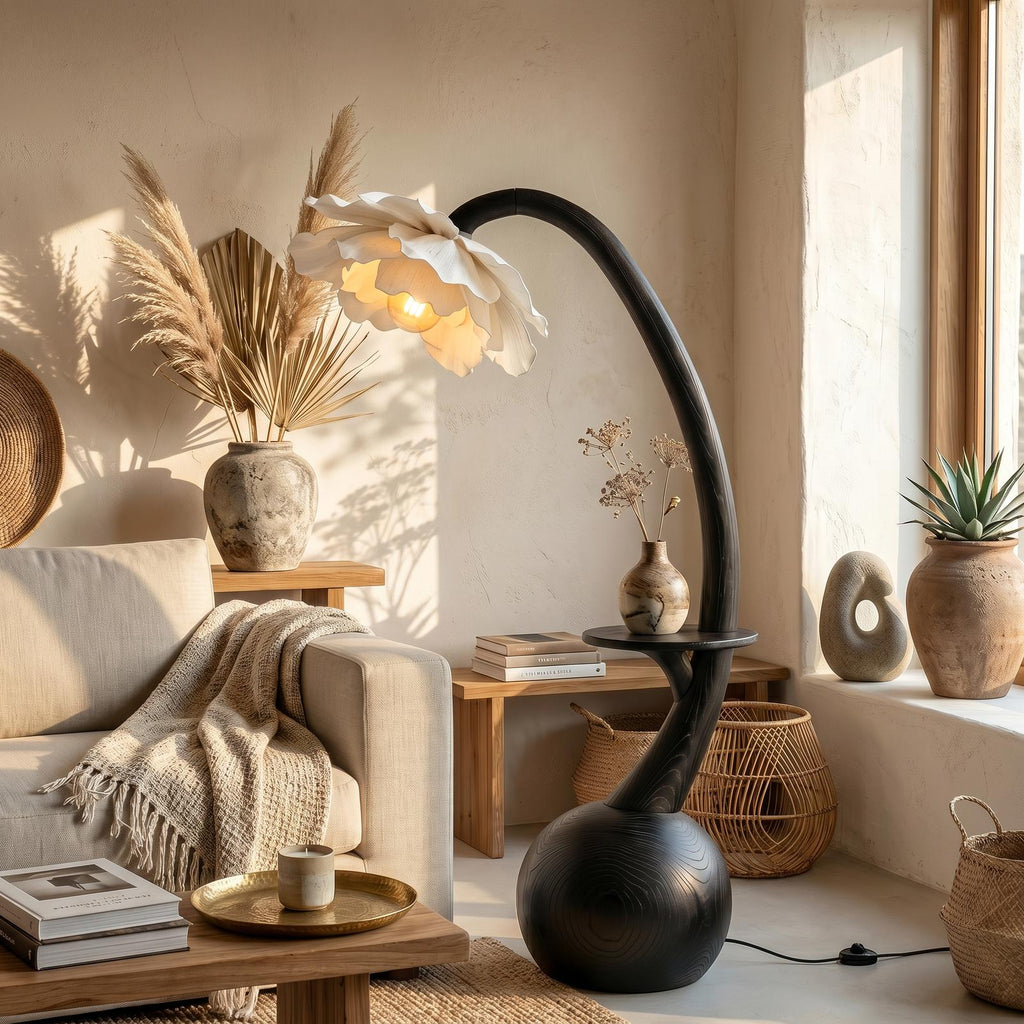 Sculptural Floor Lamp With Built In Shelf And Floral Shade For Living Room