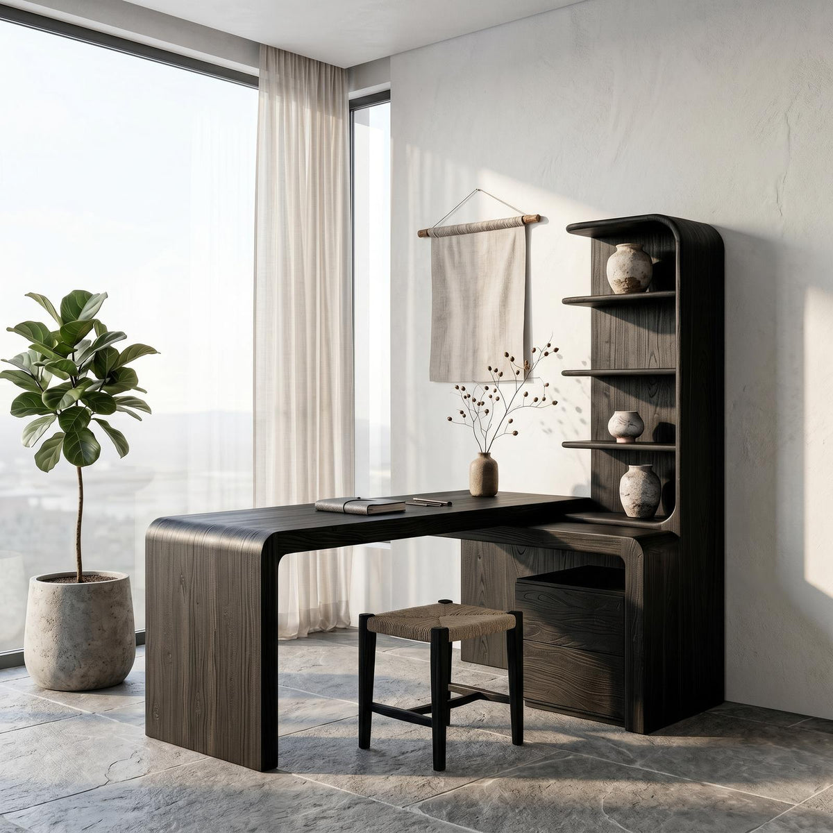 Modern Desk With Built In Bookshelf For Home Office And Workspace