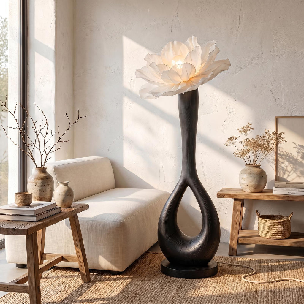 Handcrafted Floor Lamp With Blooming Flower Sculpture For Living Room