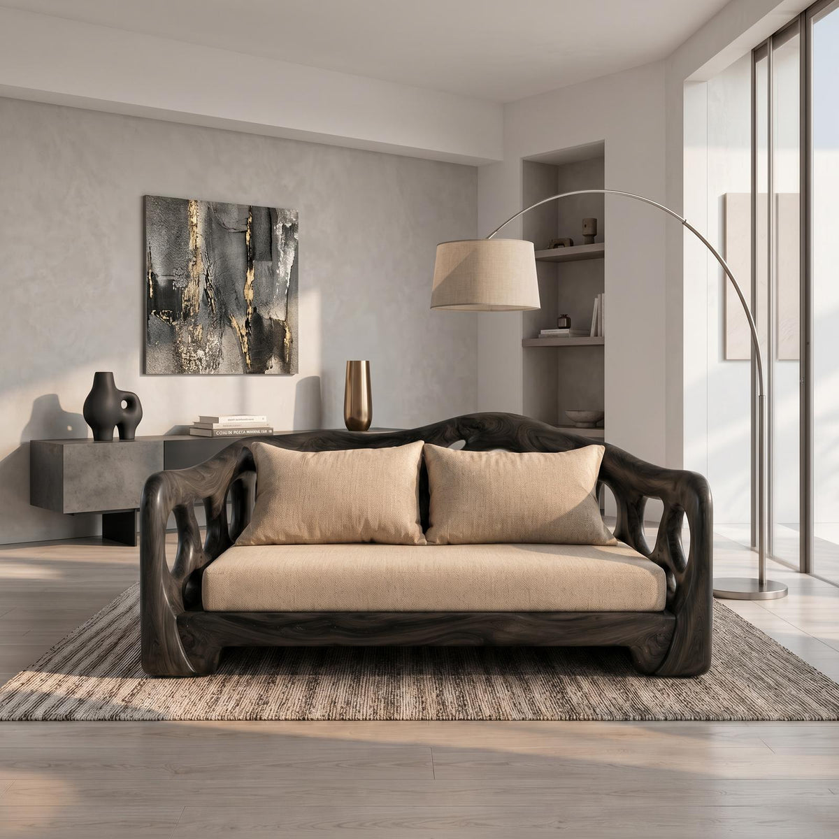 Modern Sofa With Sculptural Solid Wood For Living Room