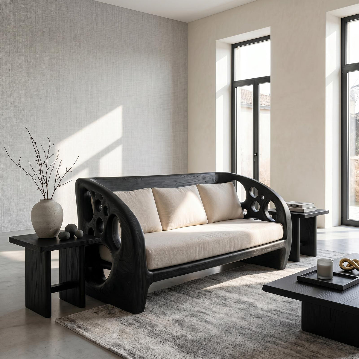 Modern Organic Sofa With Sculptural Perforated Wood Frame
