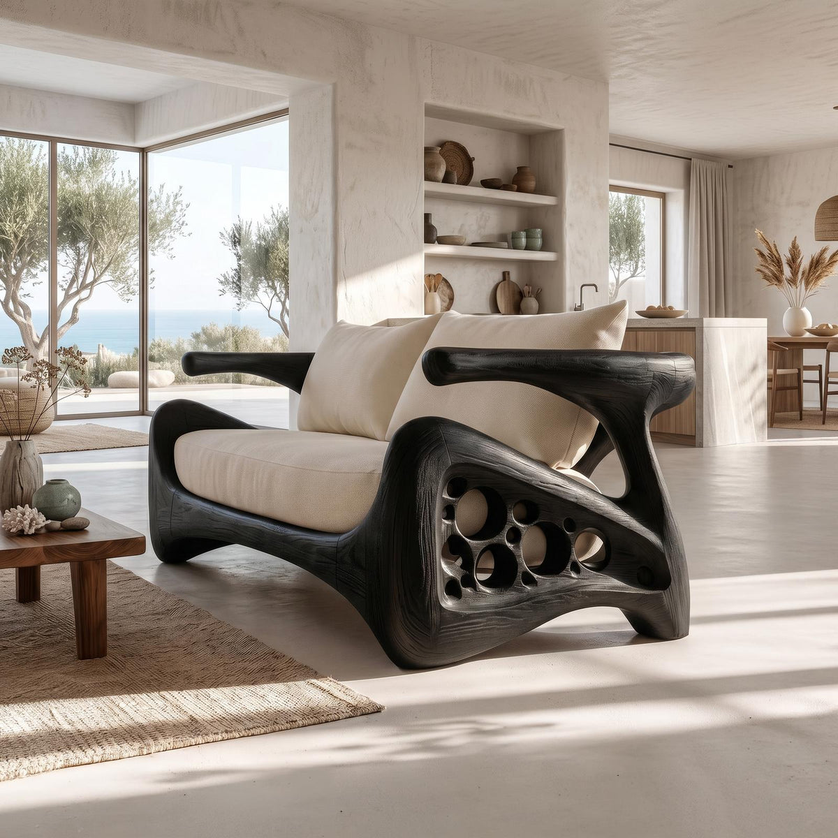 Natural Sofa Frame With Bold Sculptural Armrests For Living Room