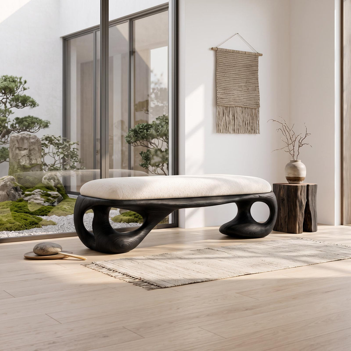 Modern Halloween Upholstered Bench With Sculptural Curved Frame For Bedroom And Entryway SINLSABEN135