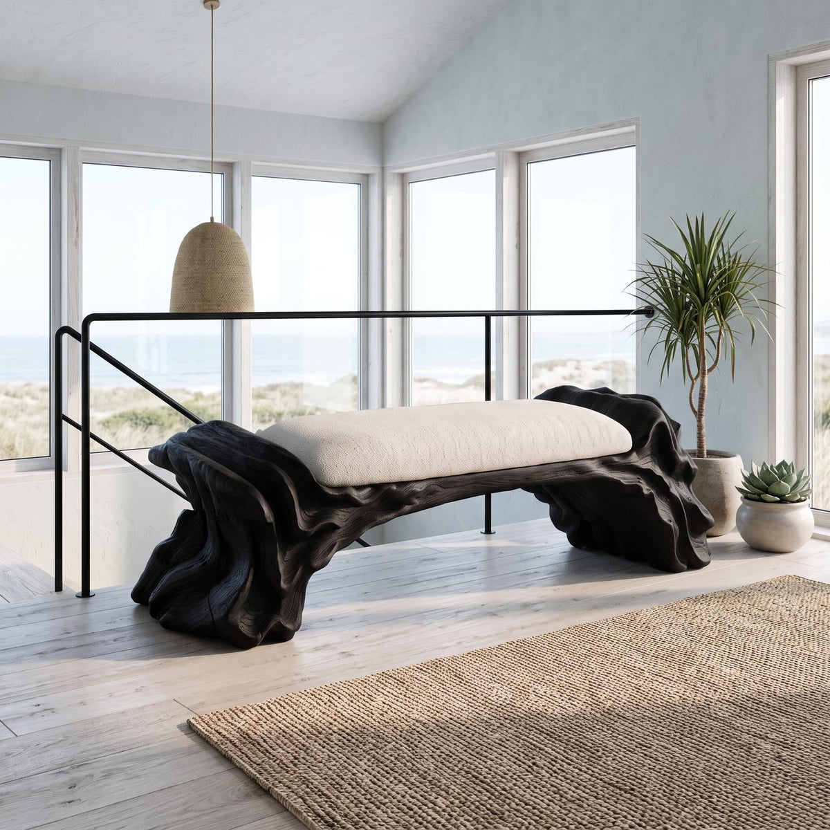 Contemporary Halloween Wood Bench With Oyster Inspired Base For Reading Nook