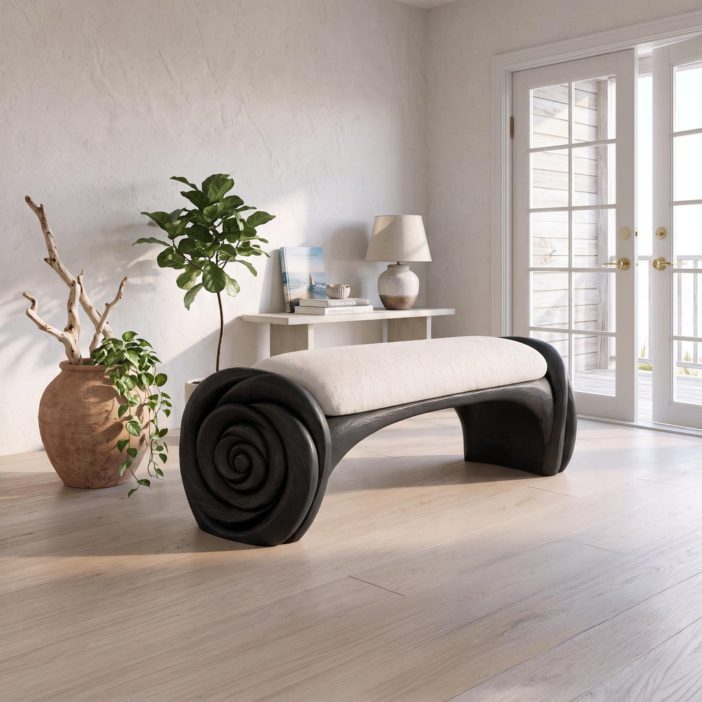 Natural Halloween Accent Bench With Carved Petal Form Legs For Dressing Room SINLSABEN141