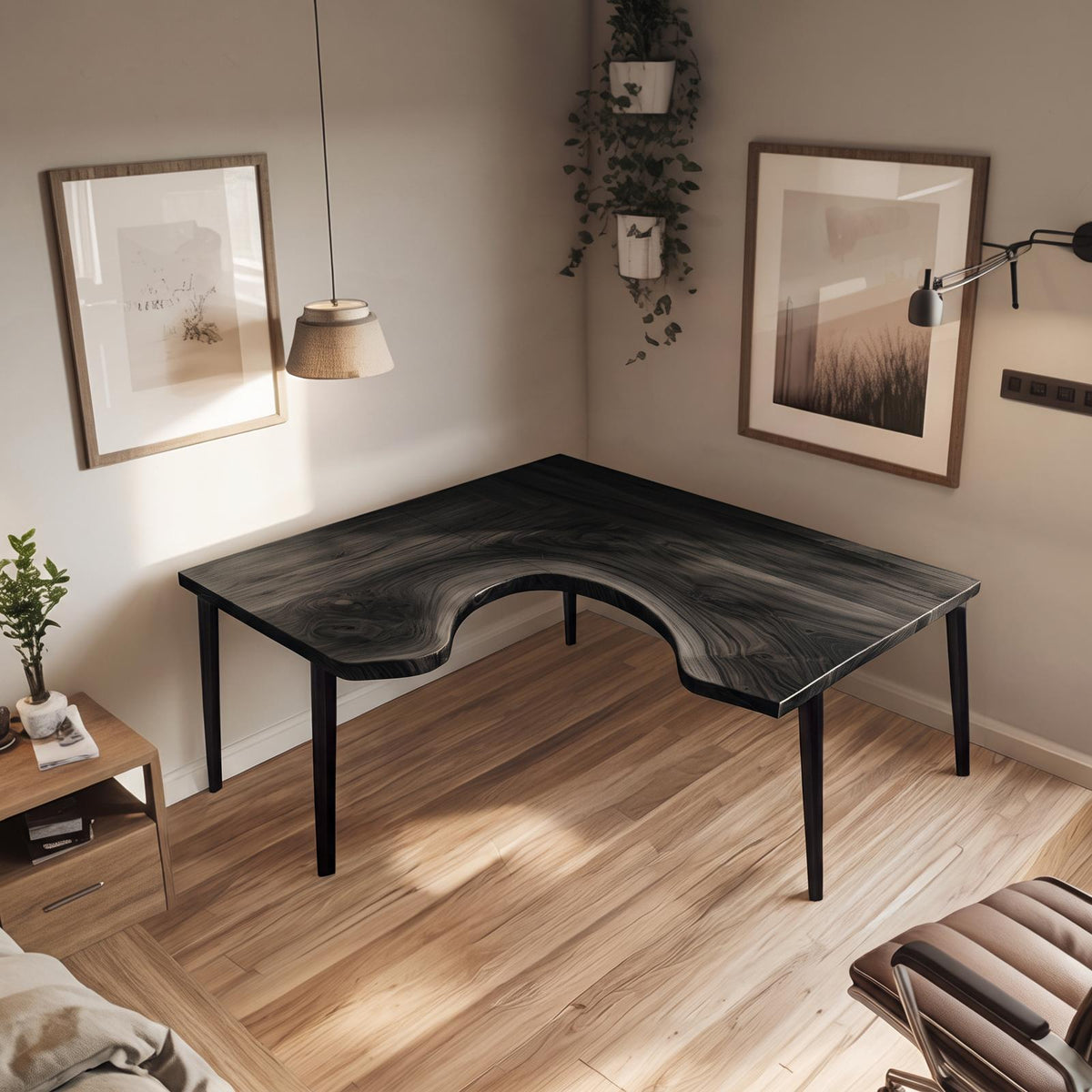 Organic Contemporary Corner Work Desk, L-Shaped Solid Wood Writing Computer Table for Home Office & Study Room