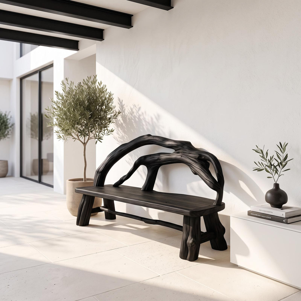 Rustic Halloween Patio Bench With Carved Vine Inspired Back For Porch SINLSAGDB008