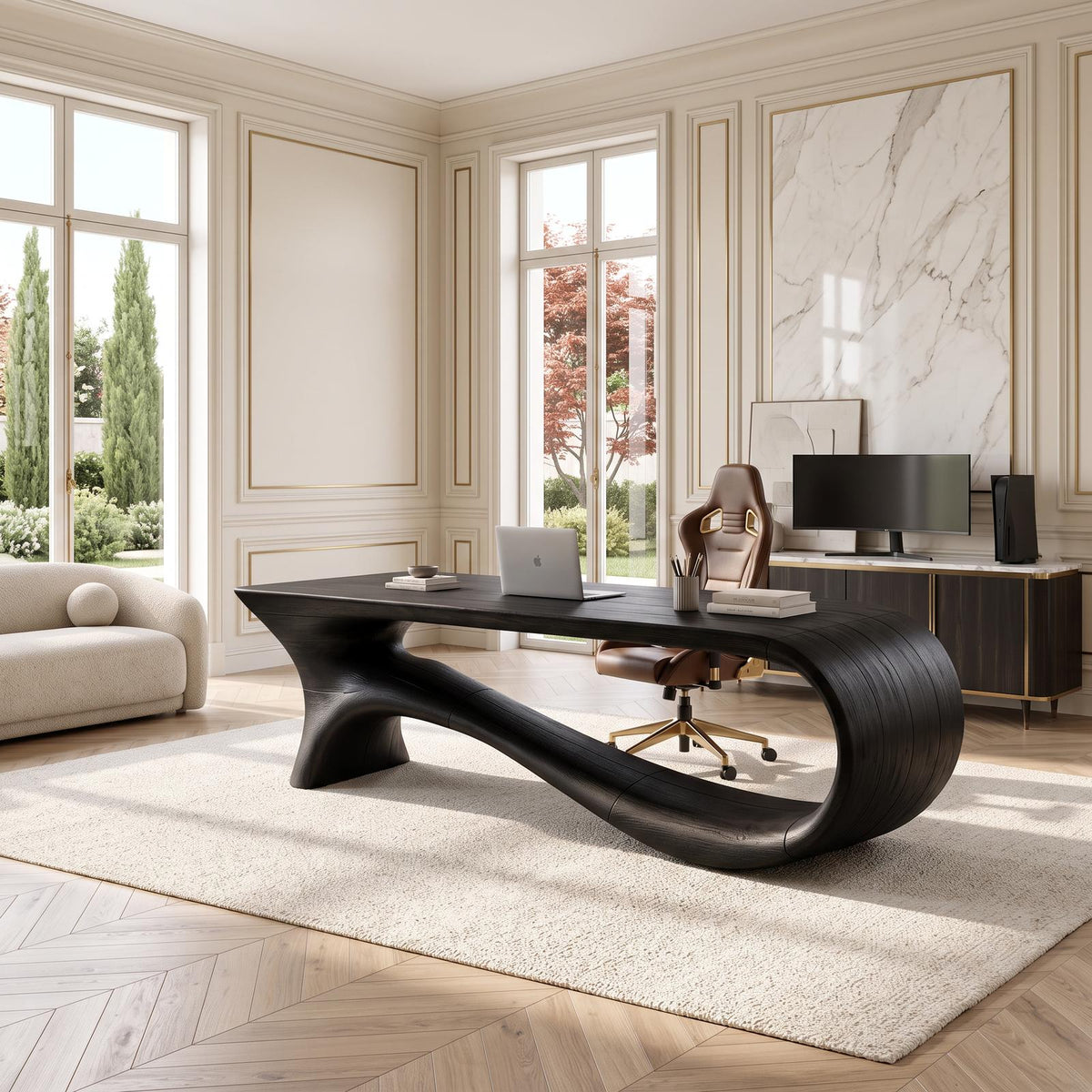 Contemporary Office Desk With Asymmetrical Curved Legs For Workspace