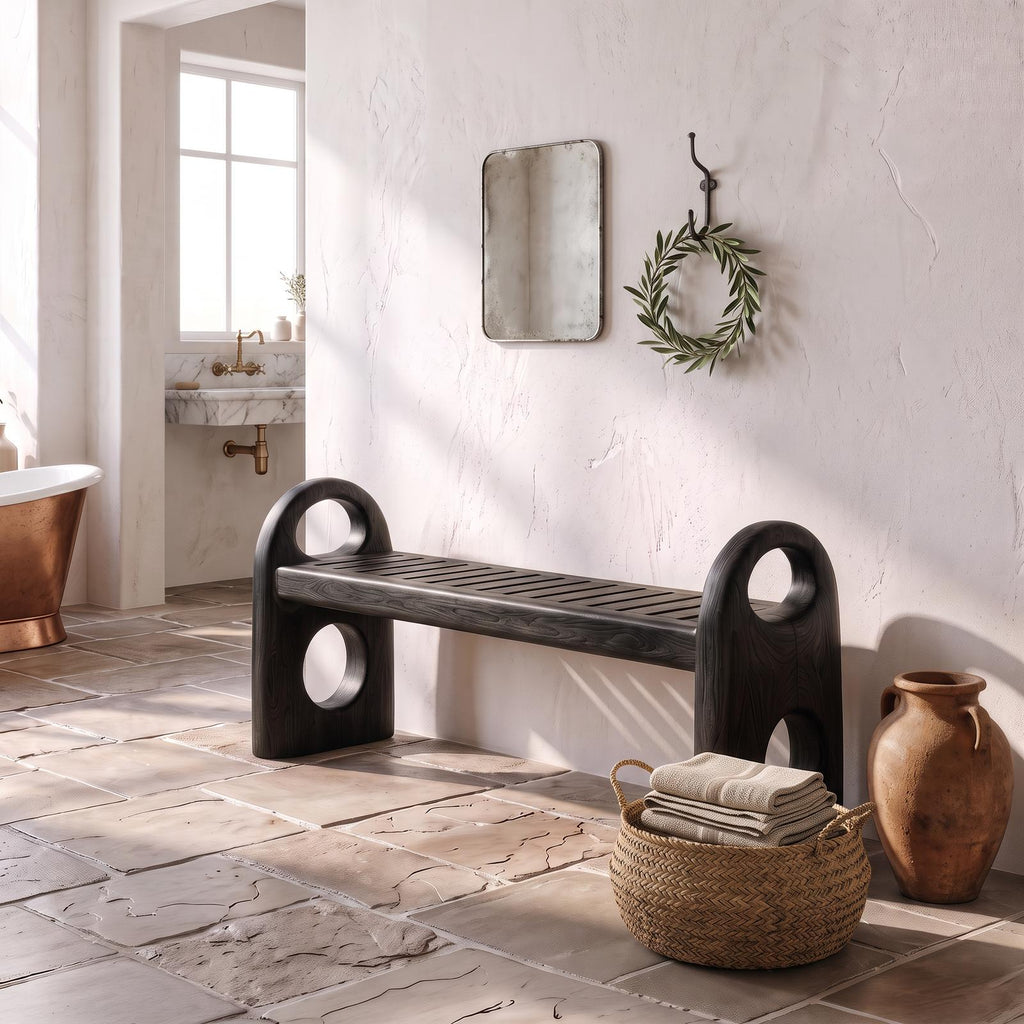 Scandinavian Bathroom Bench With Simple Backless Form For Bathroom