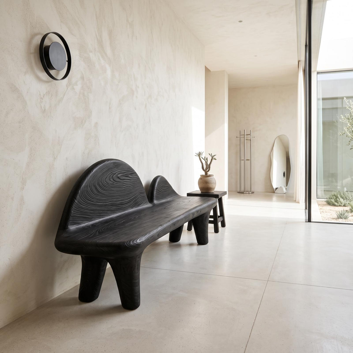 Modern Halloween Bench With Sculptural Curved Backrest For Entryway