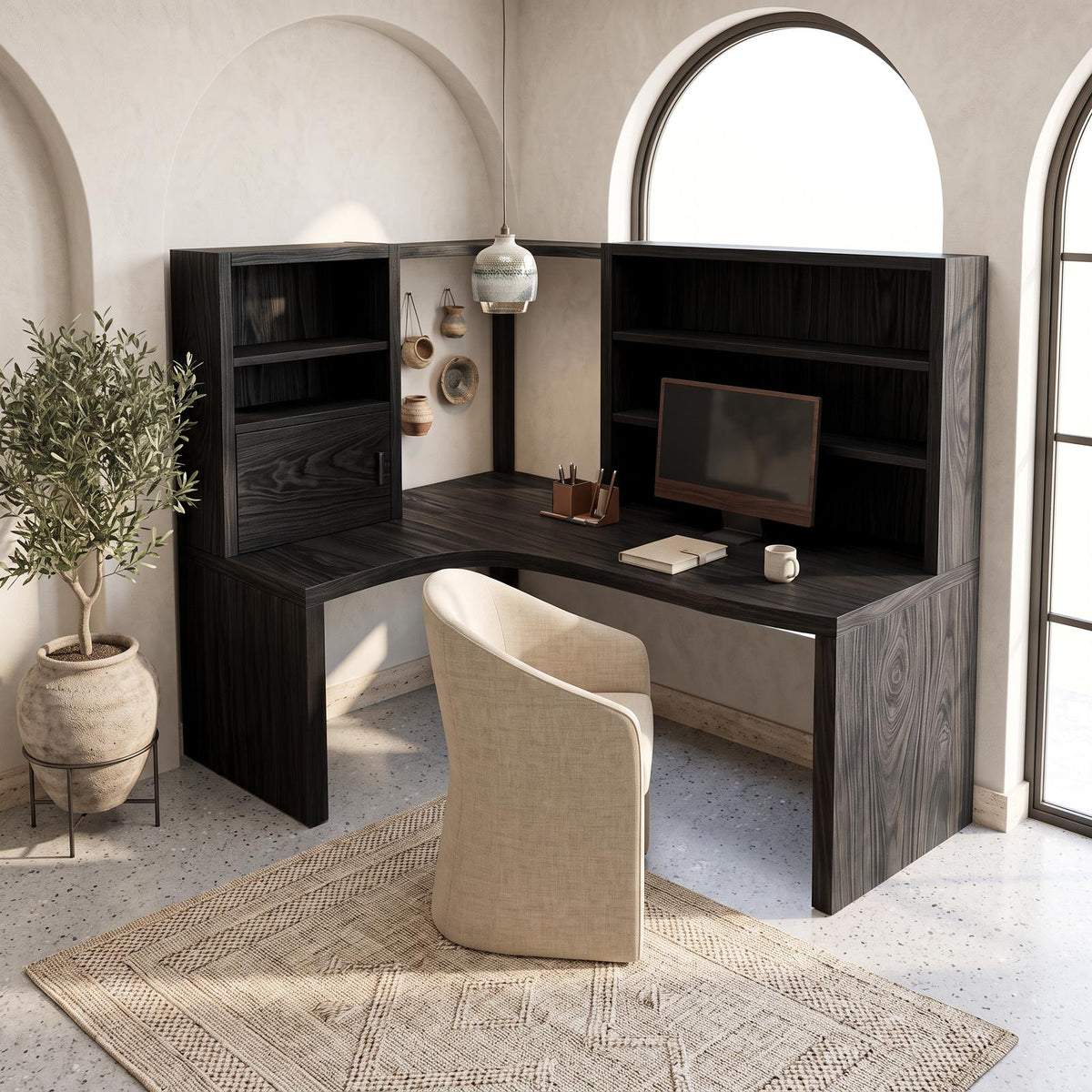 Contemporary Corner Desk With Built In Bookcase For Workspace