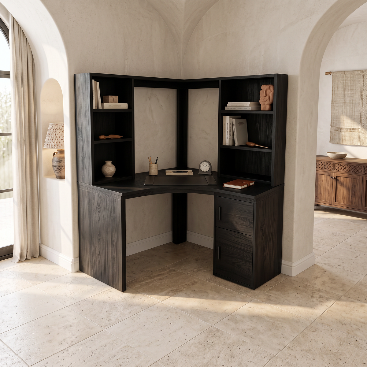 Modern Bookcase Desk With Integrated Upper Shelving For Study Room