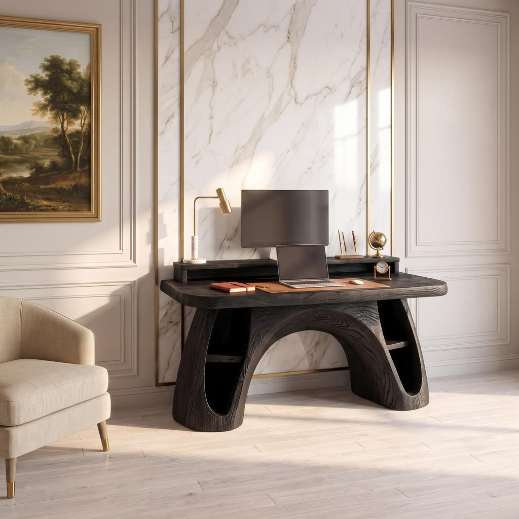 Contemporary Office Desk With Raised Monitor Platform For Workspace