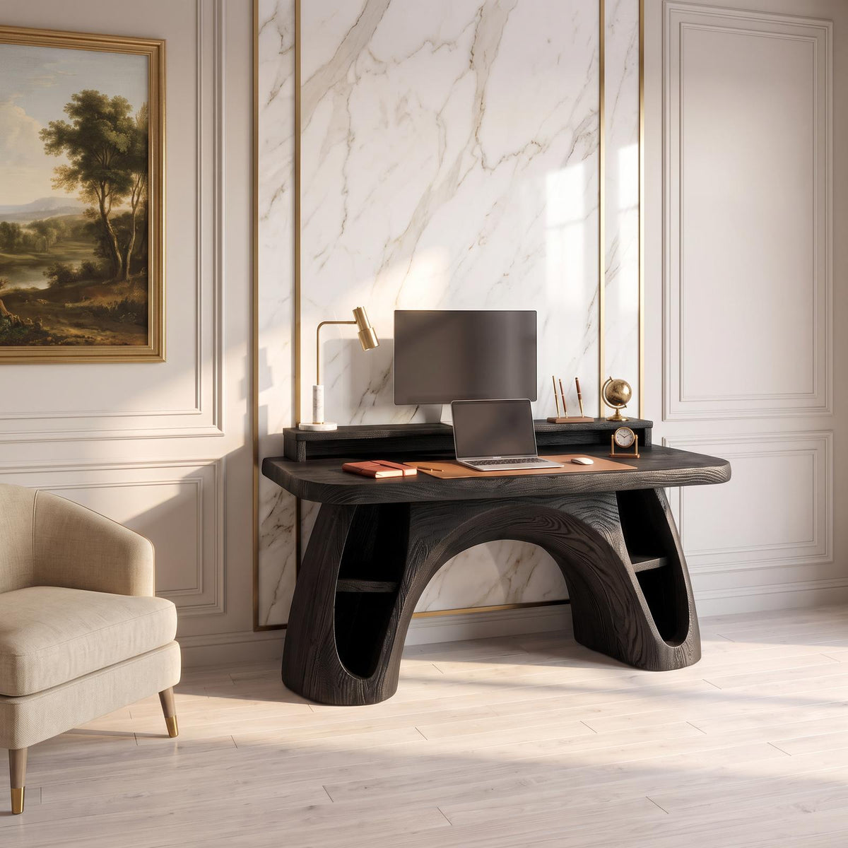 Contemporary Office Desk With Raised Monitor Platform For Workspace