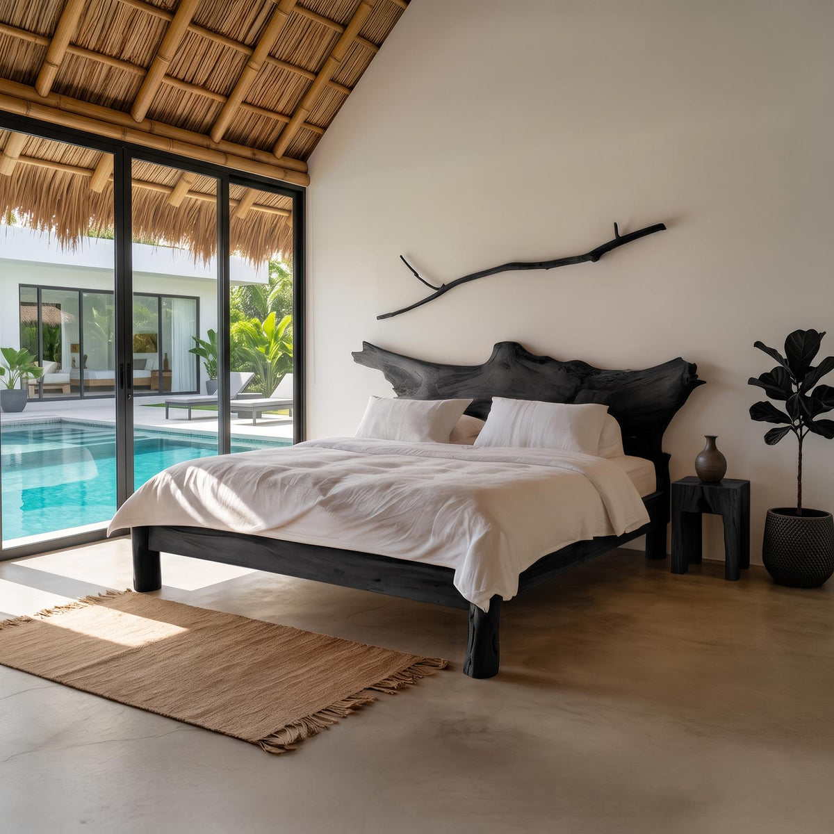 Spry Interior Rustic Live Edge Wood Bed Frame, Solid Timber Slab Headboard & Platform Bed, Coastal Modern Bedroom Furniture SINLSAWB064