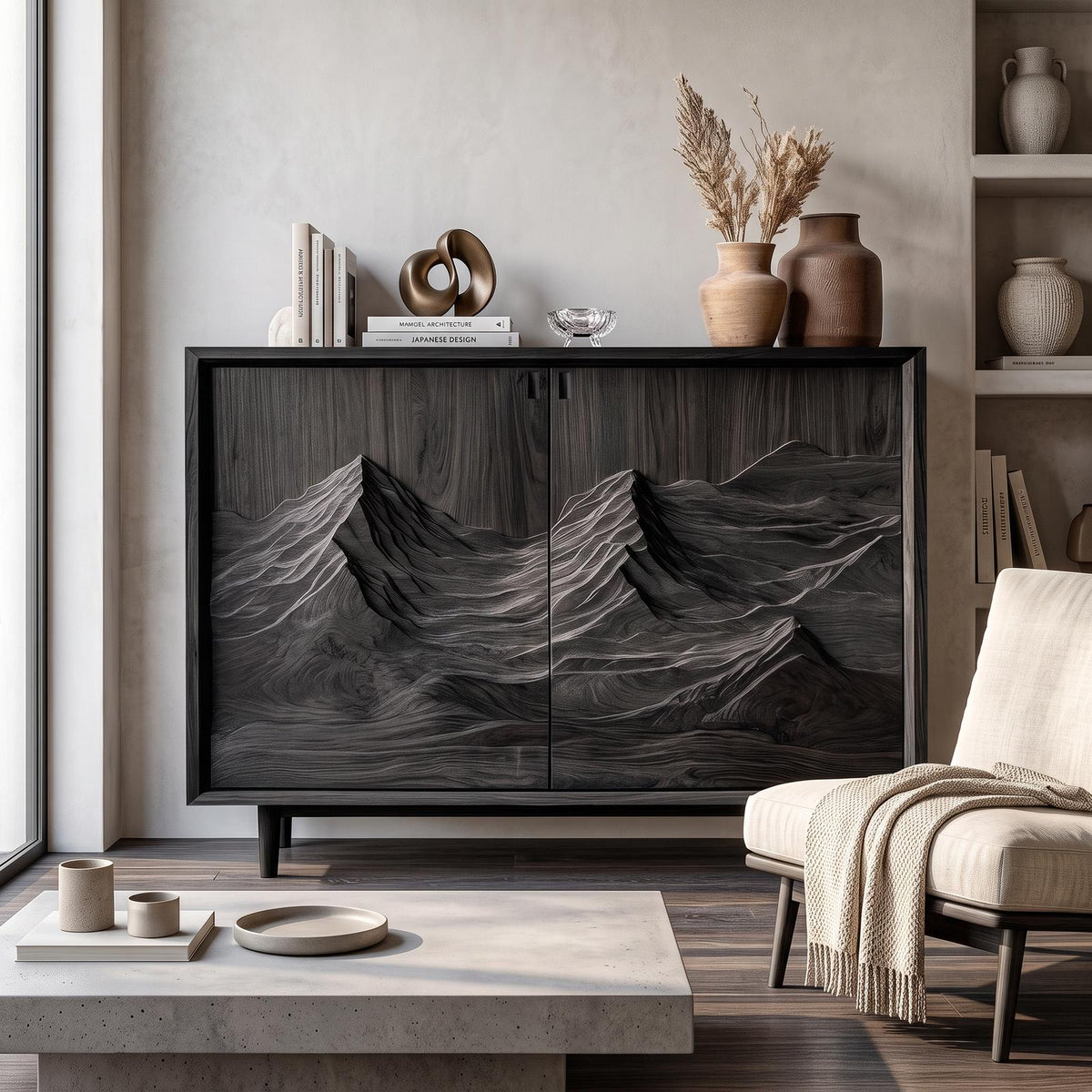 Rustic Sculptural Artistic Cabinet For Living Room And Interior Space