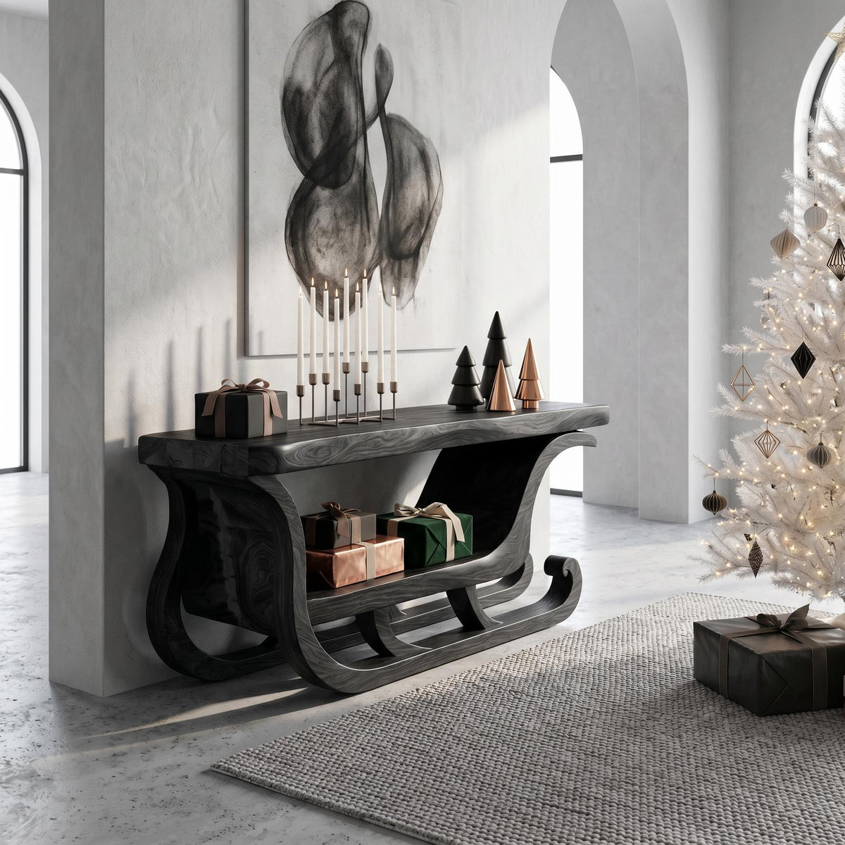 Organic Modern Console Table With Christmas Sleigh Inspired Design For Entryway And Living Room SINLSACS681