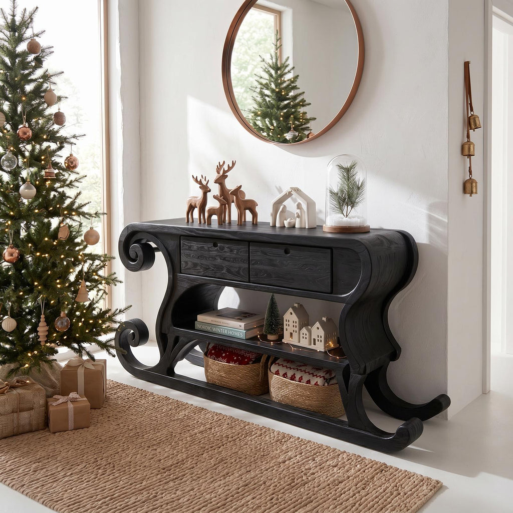 Rustic Christmas Console Table With Sleigh Inspired Scroll Design For Entryway SINLSACS684